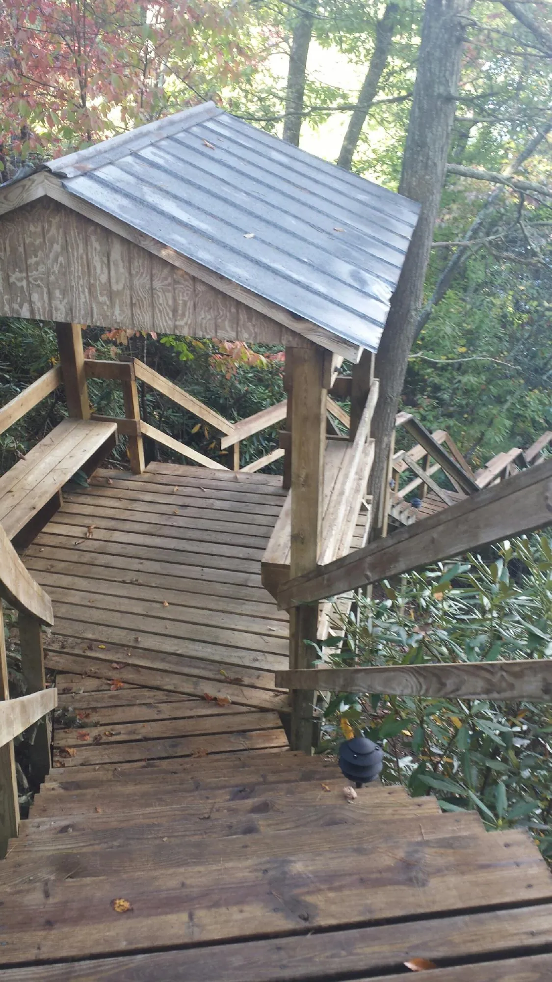 Metal roofed shelter over wooden steps on a wooded walkway — Skylight Repair & Installation work by our crew in Michigantown